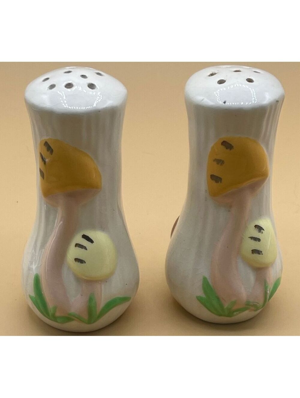 Vintage Ceramic Mushroom Salt and Pepper Shakers Set 1970s Hand Painted